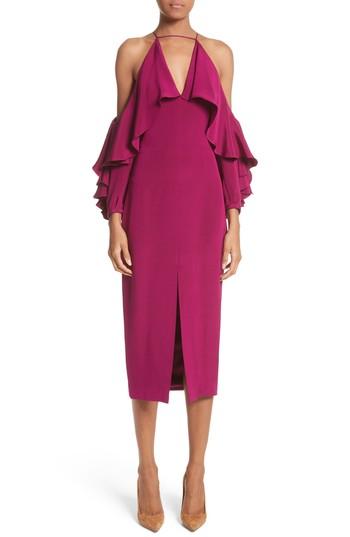 Women's Cuchnie Et Ochs Cold Shoulder Ruffle Silk Sheath Dress - Purple