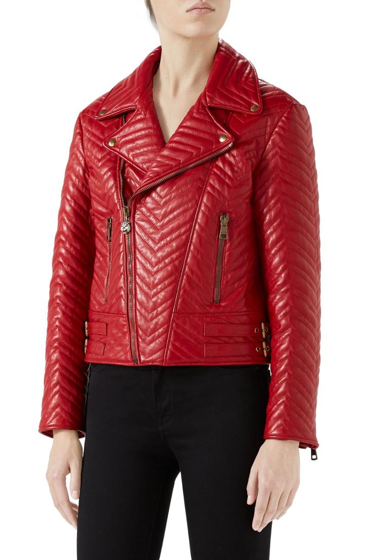 Women's Gucci Heart Quilted Leather Biker Jacket Us / 42 It - Red