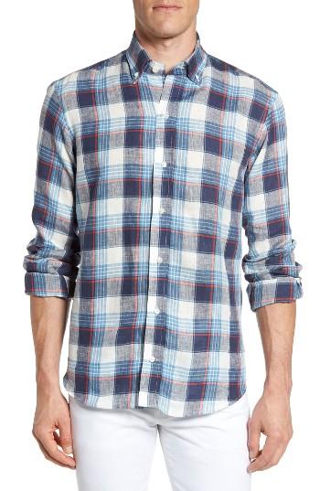 Men's Ledbury The Clarendon Trim Fit Plaid Linen Sport Shirt - Blue
