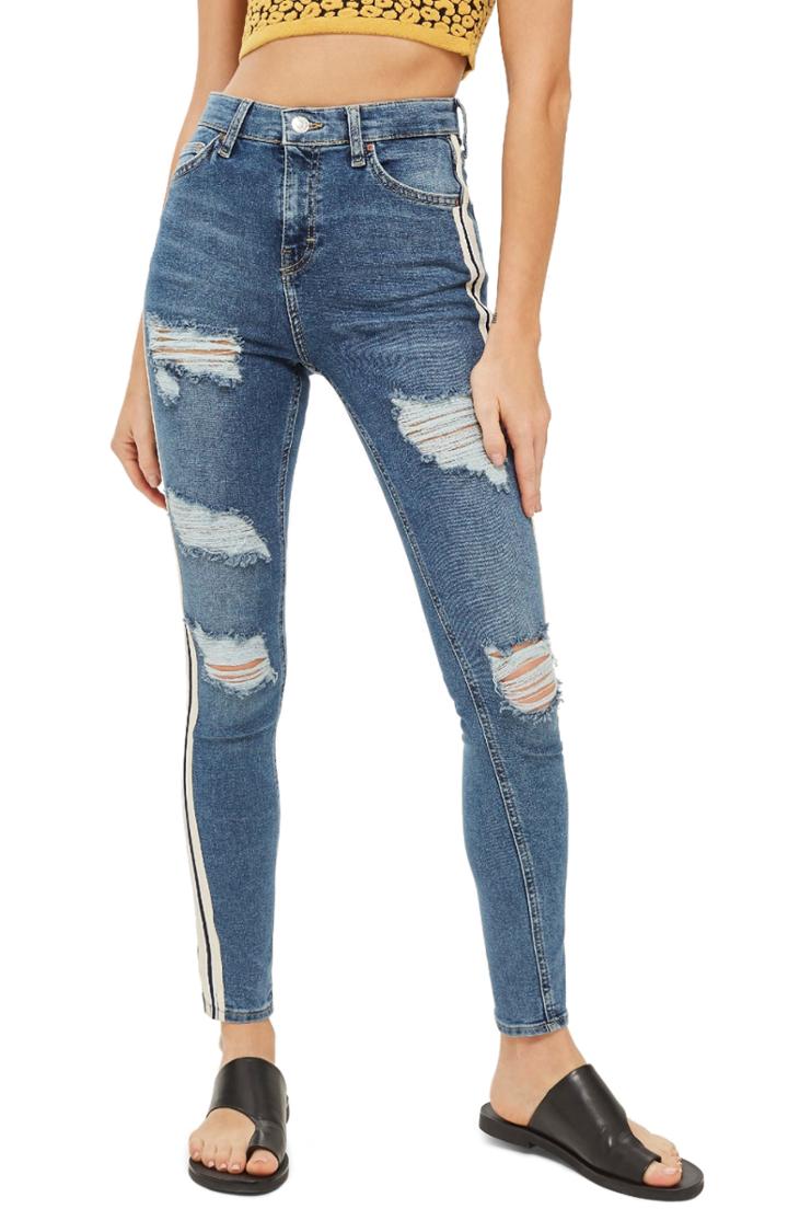 Women's Topshop Side Stripe Jeans W X 32l (fits Like 27w) - Blue
