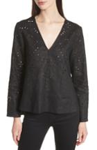 Women's Theory Relaxed V-neck Eyelet Linen Top - Black