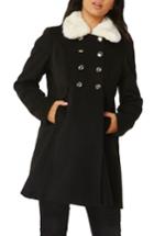 Women's Dorothy Perkins Fit & Flare Peacoat With Removable Faux Fur Trim Us / 8 Uk - Black