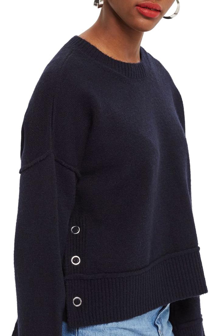 Women's Topshop Mo Seam Detail Popper Sweater Us (fits Like 0-2) - Blue
