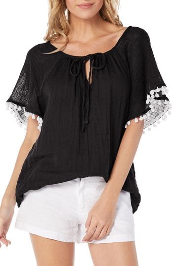 Women's Michael Stars Pompom Gauze Peasant Top - Black