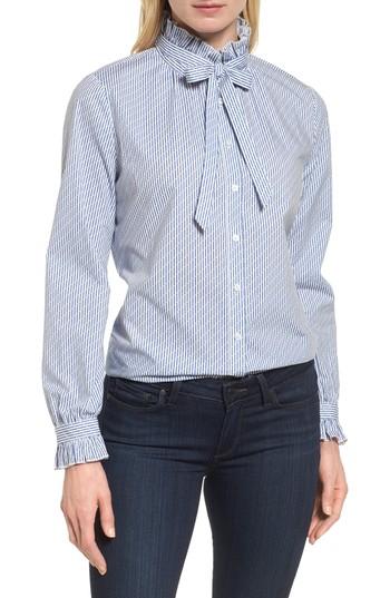 Petite Women's Halogen Ruffle Bow Neck Blouse, Size P - Blue