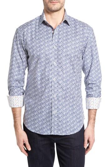 Men's Bugatchi Shaped Fit Flower Print Sport Shirt, Size - Blue