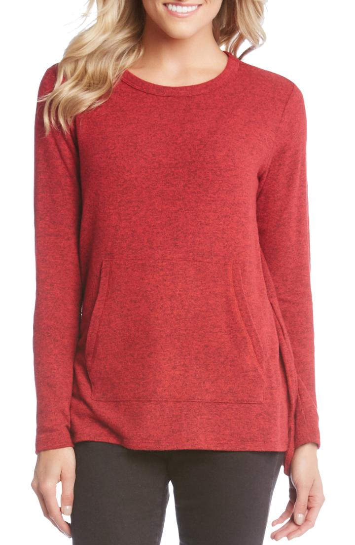 Women's Karen Kane Side Slit Kangaroo Pocket Knit Top - Red