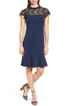 Petite Women's Bobeau Lace Yoke Ruffled A-line Dress P - Blue