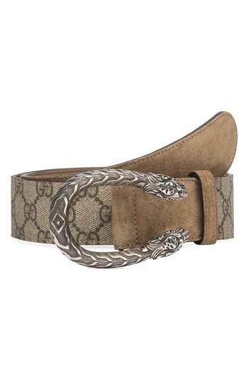 Women's Gucci Gg Supreme Tiger Head Spur Buckle Belt 0 - Ebony/ Taupe