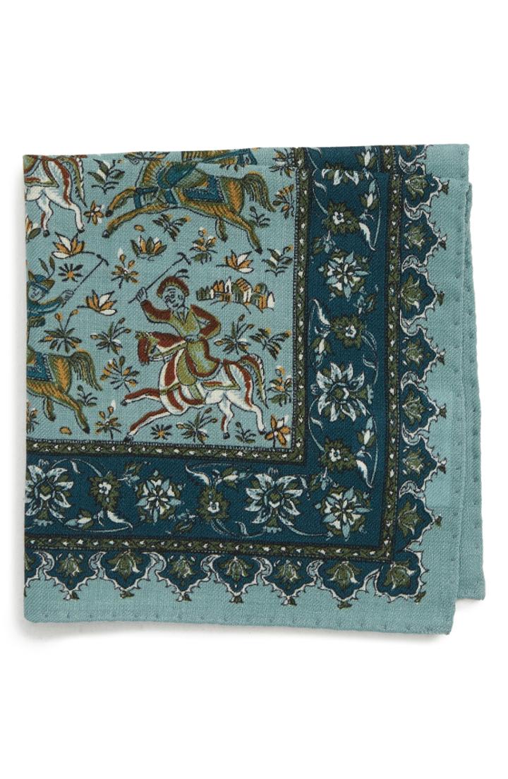 Men's Eton Medieval Print Wool Pocket Square, Size - Green