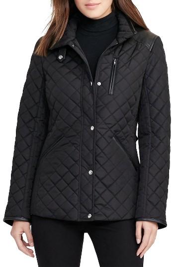 Women's Lauren Ralph Lauren Faux Leather Trim Quilted Jacket - Black