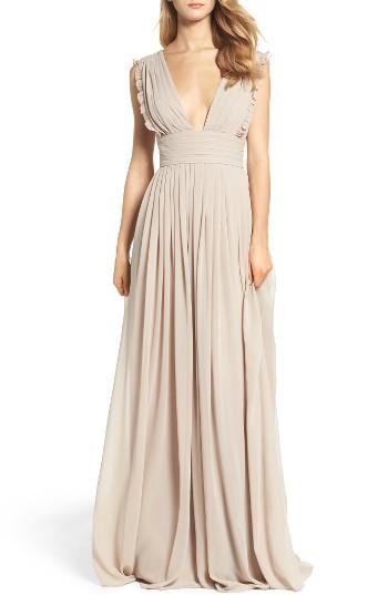 Women's Monique Lhuillier Bridesmaids Deep V-neck Ruffle Pleat Chiffon Gown - Pink