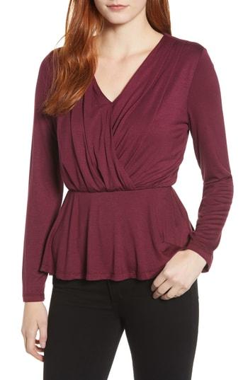 Women's Bobeau Long Sleeve Faux Wrap Knit Top - Red