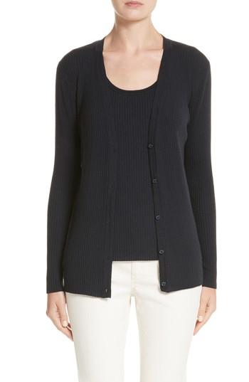 Women's Lafayette 148 New York Metallic Wool Modern Ribbed Cardigan - Blue