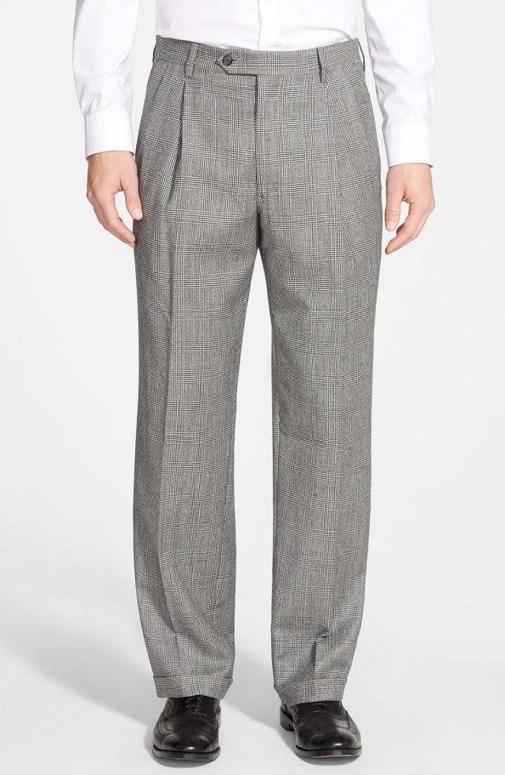 Men's Berle Pleated Plaid Wool Trousers X 34 - Grey