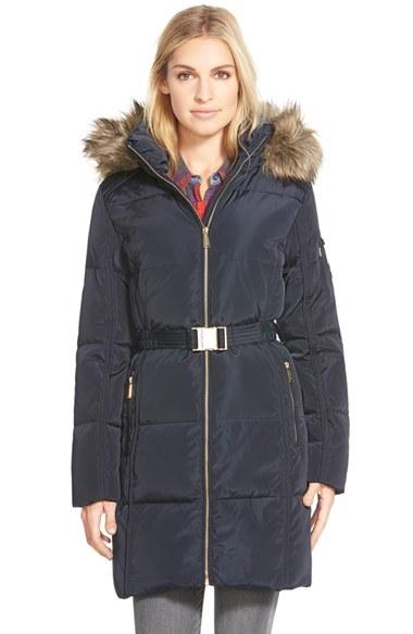Women's Michael Michael Kors Faux Fur Trim Belted Down & Feather Fill Parka