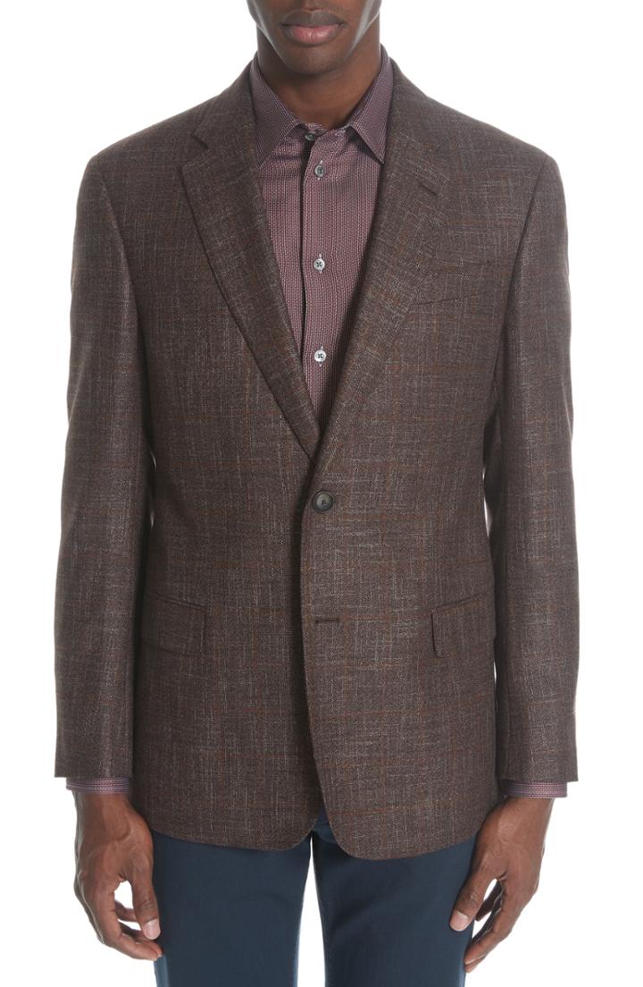 Men's Emporio Armani G-line Trim Fit Windowpane Wool Blend Blazer Us / 48 Eur - Brown