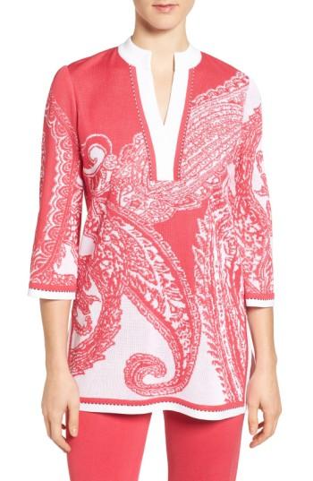 Women's Ming Wang Print Split Neck Knit Tunic - Red