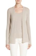 Women's Lafayette 148 New York Metallic Wool Modern Ribbed Cardigan, Size - Beige