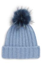 Women's Halogen X Atlantic-pacific Cashmere Beanie With Faux Fur Pom - Blue