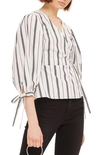 Women's Topshop Balloon Sleeve Stripe Wrap Top Us (fits Like 0-2) - White