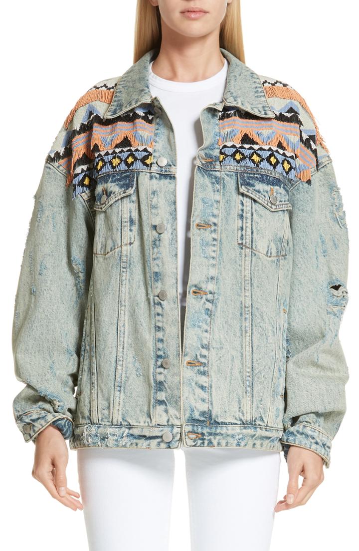 Women's Alchemist Indiana Beaded Fringe Denim Jacket - Blue