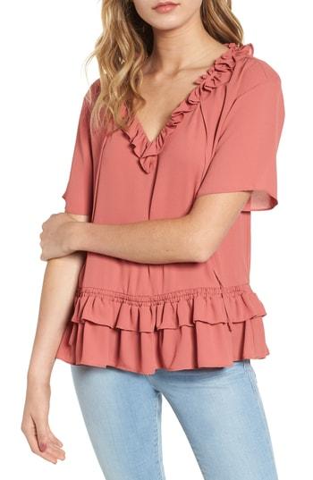 Women's Chelsea28 Ruffle Hem Split Neck Blouse, Size - Pink