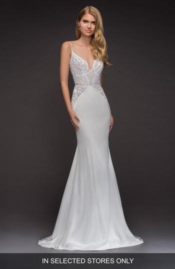 Women's Blush By Hayley Paige Xenia Beaded Crepe Mermaid Gown, Size In Store Only - Ivory