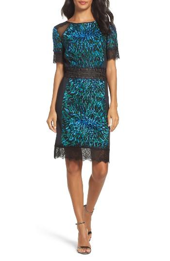 Women's Tadashi Shoji Illusion Lace & Embroidered Mesh Sheath Dress - Blue