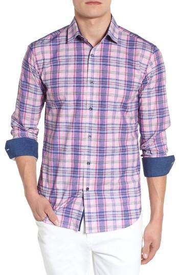 Men's Bugatchi Summer Plaid Shaped Fit Sport Shirt - Pink