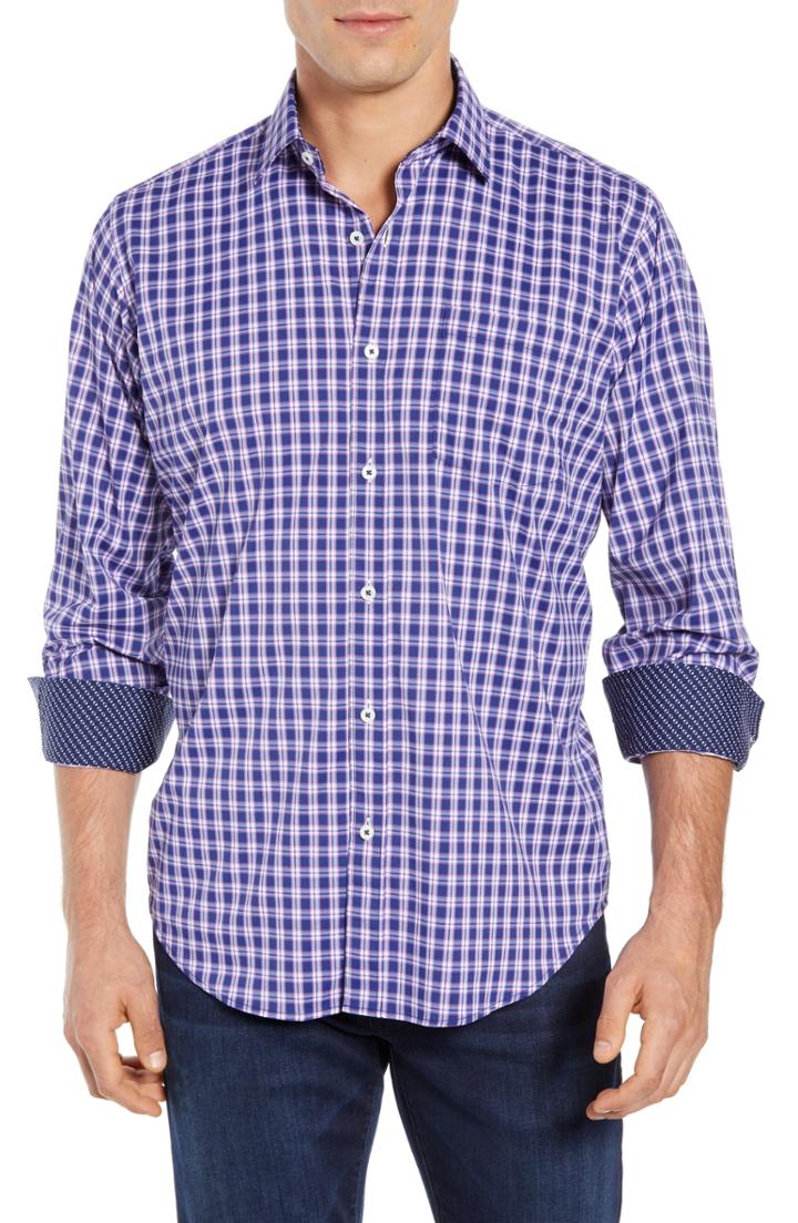 Men's Bugatchi Classic Fit Check Performance Sport Shirt, Size - Blue