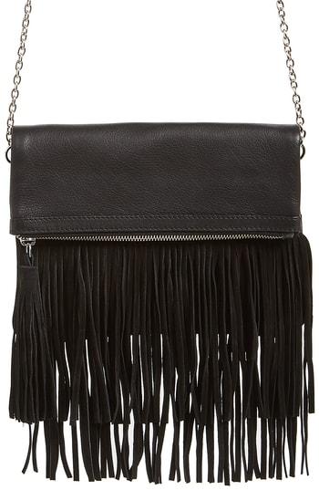 Ten79la Fringe Leather Foldover Crossbody Bag - Black