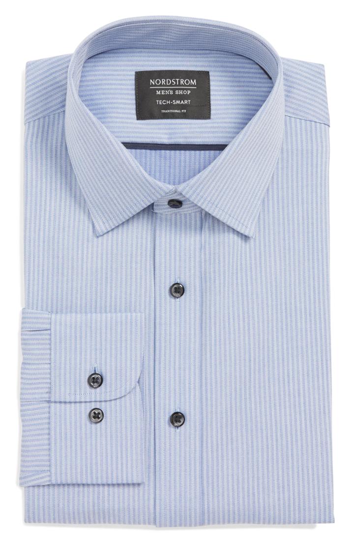 Men's Nordstrom Men's Shop Tech-smart Traditional Fit Stretch Stripe Dress Shirt - 32/33 - Blue