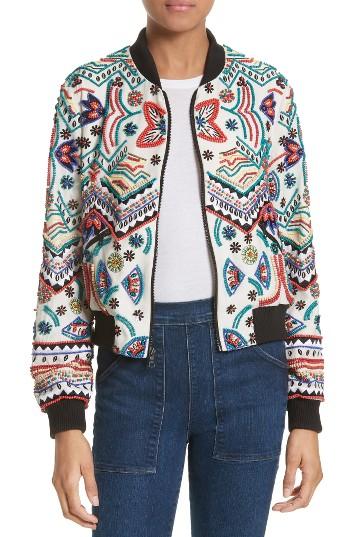 Women's Alice + Olivia Lonnie Embellished Silk Bomber Jacket - Beige