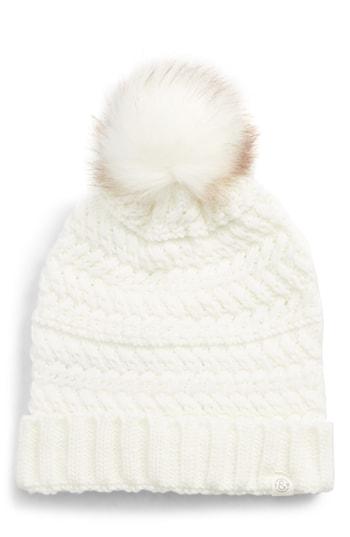 Women's Treasure & Bond Cable Knit Beanie With Faux Fur Pom - White