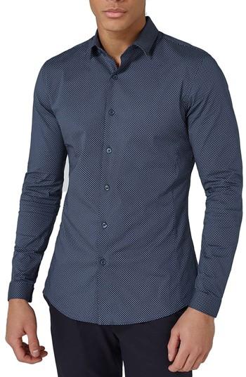 Men's Topman Polka Dot Stretch Smart Shirt - Blue