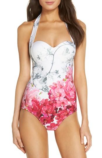 Women's Ted Baker London Farmel Babylon Floral Halter One-piece Swimsuit - White