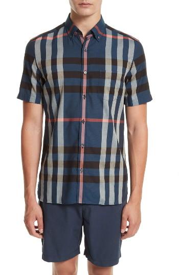 Men's Burberry Moore Regular Fit Plaid Short Sleeve Sport Shirt - Blue
