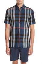 Men's Burberry Moore Regular Fit Plaid Short Sleeve Sport Shirt - Blue