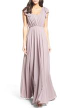 Women's Lulus Flutter Sleeve Chiffon Gown - Grey