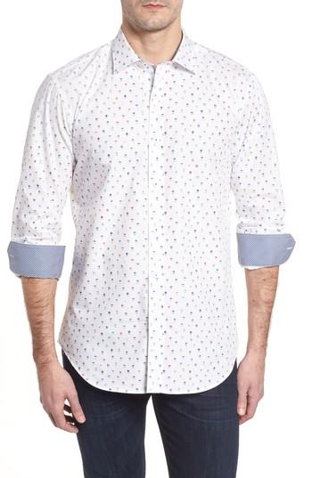 Men's Bugatchi Shaped Fit Tropical Fish Sport Shirt - White