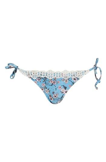 Women's Topshop Ditsy Lace Trim Tie Side Bikini Bottoms Us (fits Like 0) - Blue