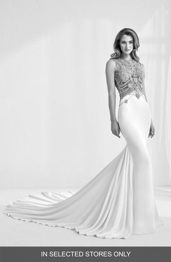 Women's Atelier Pronovias Ramir Jeweled Bodice Crepe Mermaid Gown, Size In Store Only - Ivory