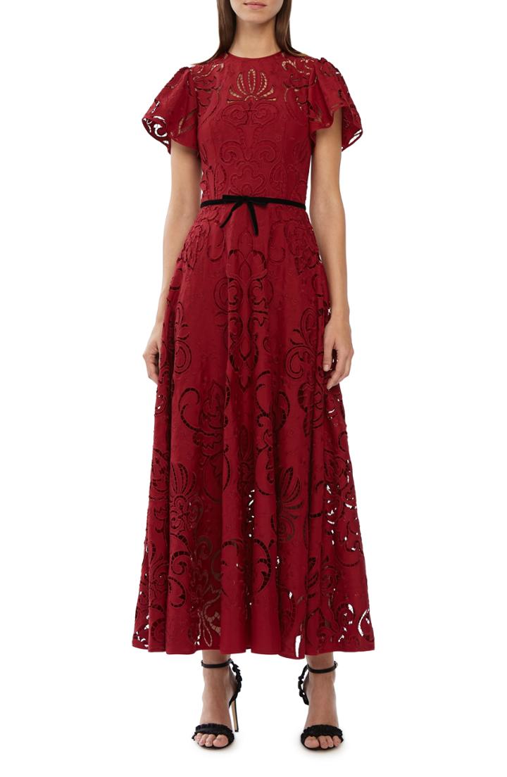 Women's Ml Monique Lhuillier Eyelet Embroidery Tea Length Dress - Red