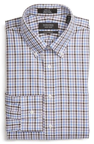 Men's Nordstrom Men's Shop Traditional Fit Non-iron Check Dress Shirt .5 32 - Brown