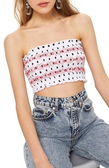 Women's Topshop Spot Shirred Bandeau Top Us (fits Like 0) - White