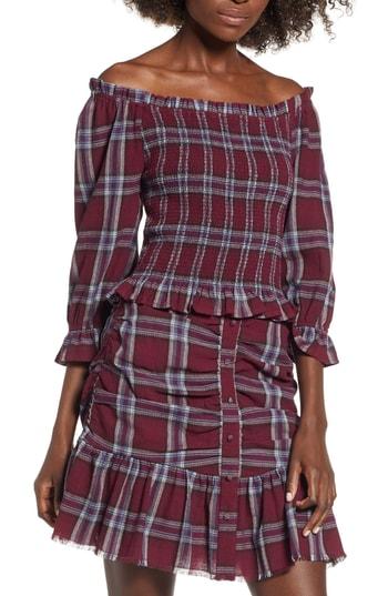 Women's Moon River Plaid Smocked Off The Shoulder Top - Burgundy