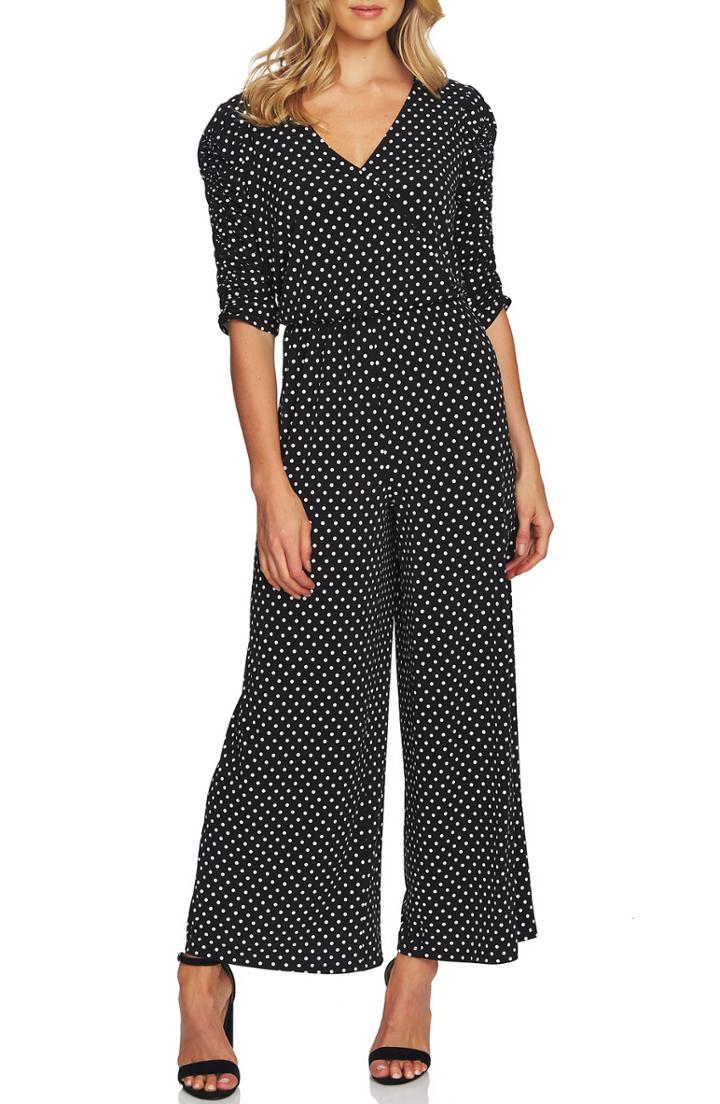 Women's Cece Ruched Sleeve Polka Dot Jumpsuit - Black
