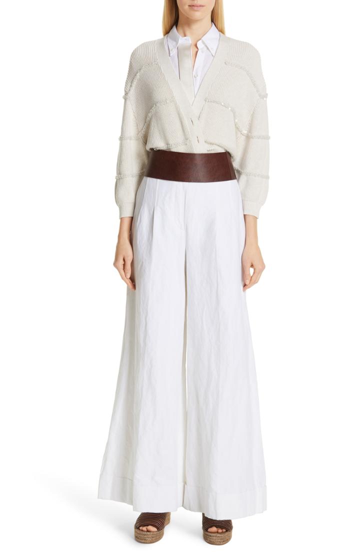 Women's Brunello Cucinelli Monili Trim Satin Placket Linen Shirt - White