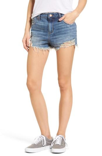 Women's Bp. High Waist Frayed Hem Denim Shorts - Blue